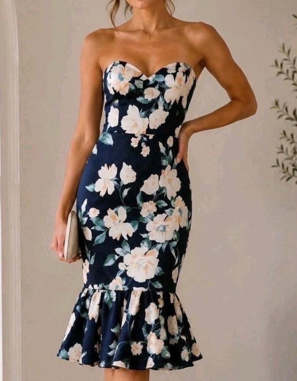 Lulus lulua Midnight Blue Floral strapless Midi Dress S